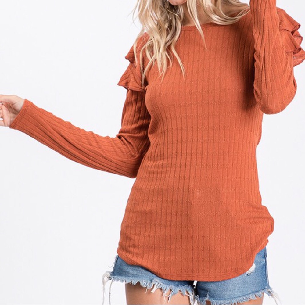CLEARANCE-FIRM‼️Katelynn Ruffled Shoulder Top-Rust - Picture 3 of 8